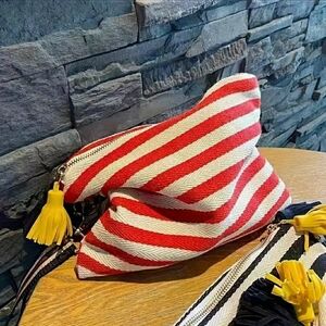 NEW! Red & White Striped Zip Pouch w/ Yellow Tassle